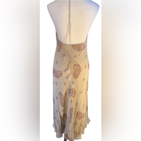 NWT Ralph Lauren Paisley Halter Neck Silk Chiffon Slip Midi Tan Dress Womens 10 - Picture 3 of 8